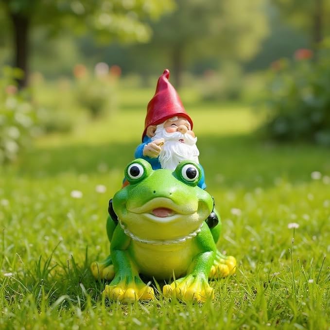 Resin Miniature Frog Decor and Garden Gnome Statue, 5.5-Inch Yard Art Outdoor Decorations for Patio Porch Desk, Cute Whimsical Frog Gifts for Women and Garden Lovers