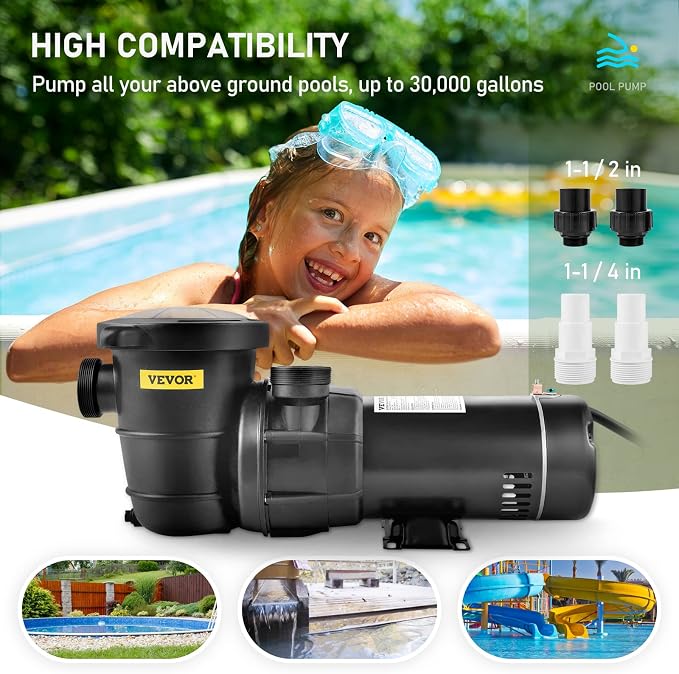 VEVOR Swimming Pool Pump 2 HP 6090 GPH Max Flow Single Speed Pump, 115 V | for Above Ground Pool, 53 ft Max Head Lift, Pure Copper Motor, with Strainer Basket & Lid, Certification of ETL for Security