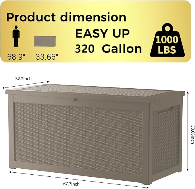 Outdoor Storage Box, 320 Gallon Waterproof Deck Box, Dual Gas-Spring Ultimate Resin Organizer for King Cushions, Heavy-Duty Lockable Estate Storage Bench, Backyard BBQ, Grey
