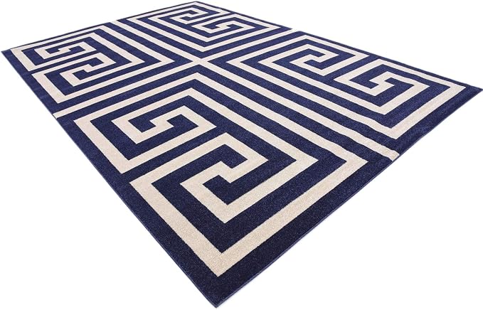 Unique Loom Athens Collection Classic Geometric Modern Border Design Area Rug (8' 0 x 11' 4 Rectangular, Navy Blue/ Beige)