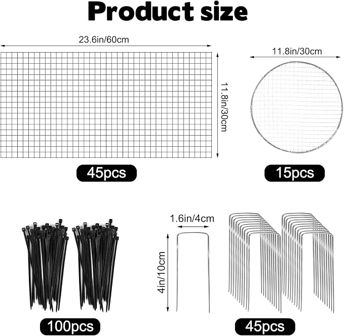 45 Pcs Large Wire Plant Protector from Animals, 15 Pack 24" H X 12" Dia Metal Plant Cage Chicken Wire Cloche with Ground Stakes and Nylon Tie to Keep Animals Out, Garden Protection Bunny Barricade