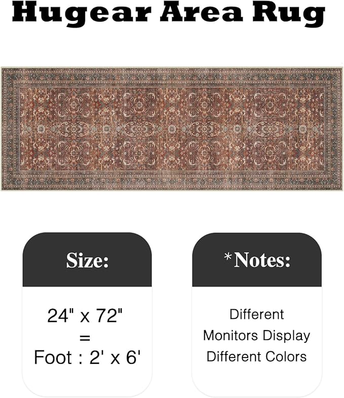 2x6 Brick Red Vintage Distressed Washable Runner Rug for Hallway | Low Pile, Non Slip, Retro Style, Soft Distressed Hallway Runner Rug for Kitchen, Entryway, Laundry Room, Home Decor