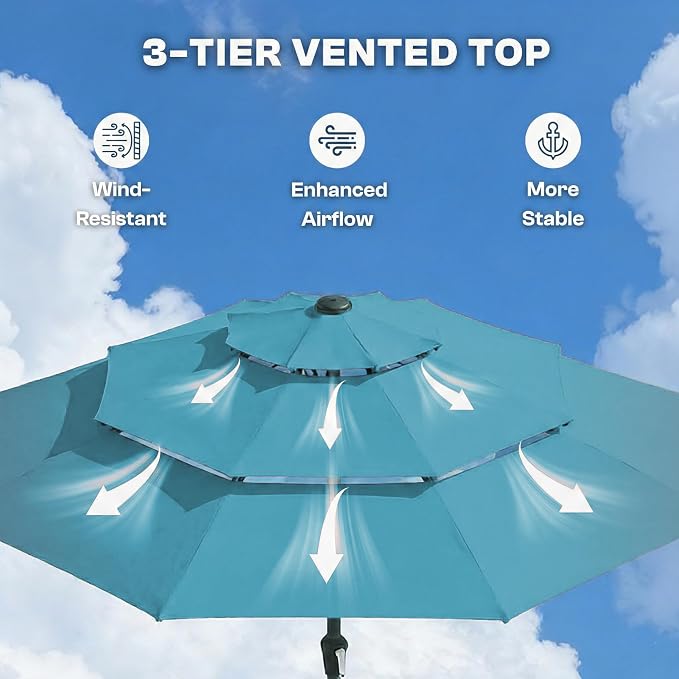 10ft 3-Tier Patio Umbrella with 32 Solar Powered LED Lights, Windproof Outdoor Market Umbrella for Deck, Poolside & Garden, Sturdy Push-Button Tilt Table Umbrella, Sky Blue