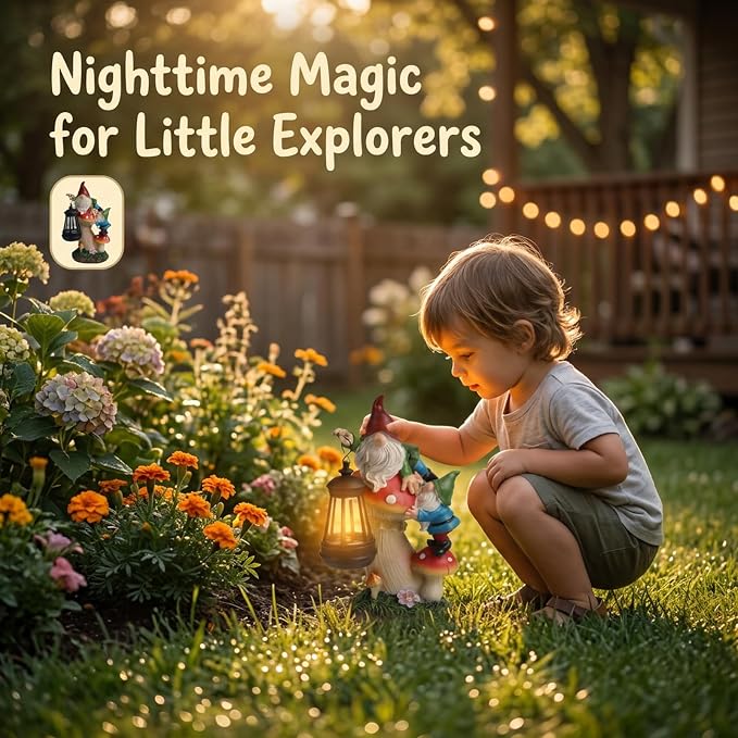 Solar Gnome Garden Statue with Mushroom Lights for Outdoor, Waterproof Garden Gnomes Decor for Yard Lawn Balcony, Cute Gnome Figurine Lights for Patio Decor, Ideal Gift for Garden Lovers & Homeowners