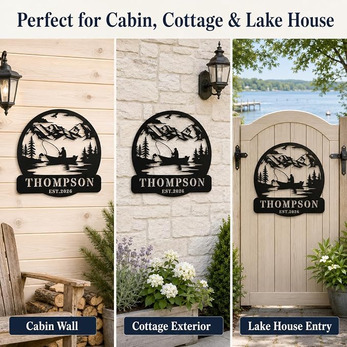 Personalized Fishing Metal Sign with Name, Custom Fisherman Wall Art for Lake House Cabin Man Cave Decor, Outdoor Iron Fishing Pole Plaque, Angler Gift for Dad