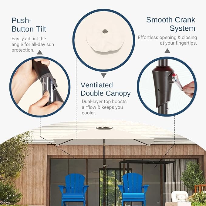 6.5' x 10' Rectangular Patio Umbrella Large Outdoor Market Umbrella w/ UV Protection, Push Button Tilt and Crank Lift, Rectangle Table Umbrella for Garden, Deck, Pool, Patio, Creamy White