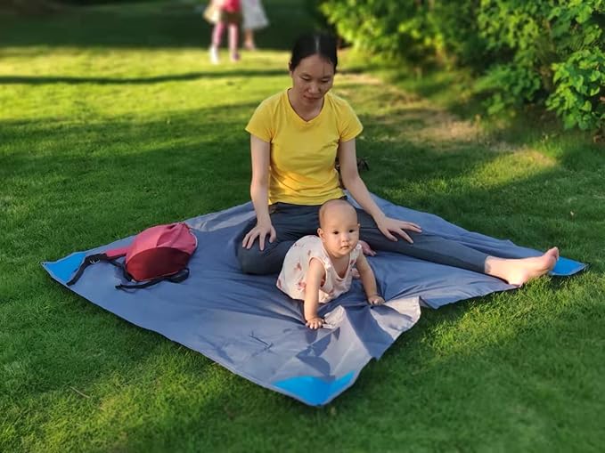 Orga'Neat Pocket Picnic Blanket, Beach Mat Waterproof Sandproof, Compact Lightweight Small Tarp for Camping, Hiking, Backpacking, Festival, Travel, Foldable in Bags (Grey/Blue, 55"x60")