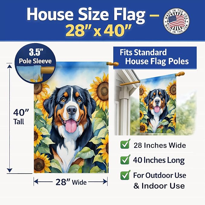 Caroline's Treasures DAC6026CHF Bernese Mountain Dog in Sunflowers House Flag Large Porch Sleeve Pole Decorative Outside Yard Banner Artwork Wall Hanging, Polyester, House Size, Multicolor