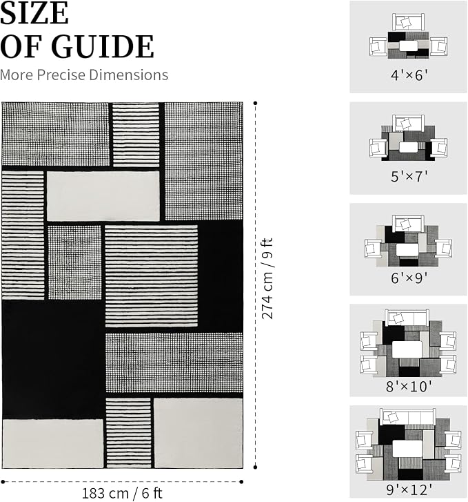 6x9 Black and White Area Rug, Washable Non Slip Living Room Carpet | Stain-resistant Low-pile Black and White Geometric Rug, Abstract Patchwork Carpet for Living Room Bedroom and Dining Room