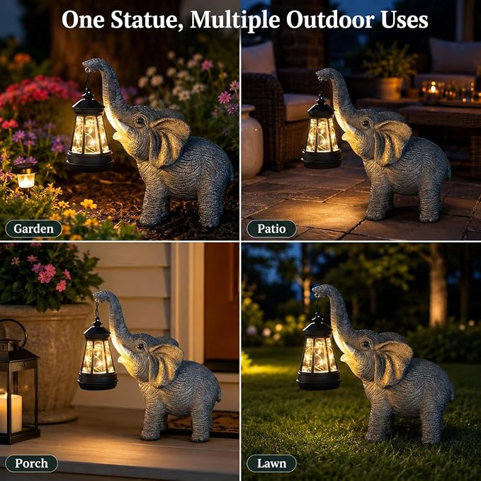 Candieslife Solar Garden Statue Lights Elephants Figurine with Solar Lantern, IP65 Waterproof Outdoor Yard Decorations for Patio Porch Yard Lawn,Home,Garden Gifts for Mom Grandma Women