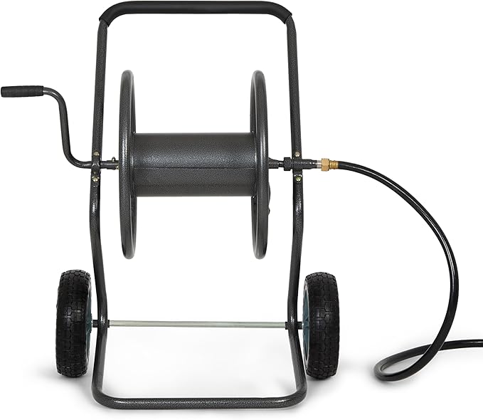 Backyard Expressions 2‑Wheel Garden Hose Reel Cart, Portable Hand‑Crank Hose Reel, Rust‑Resistant Hammertone Gray Finish, Brass Connectors