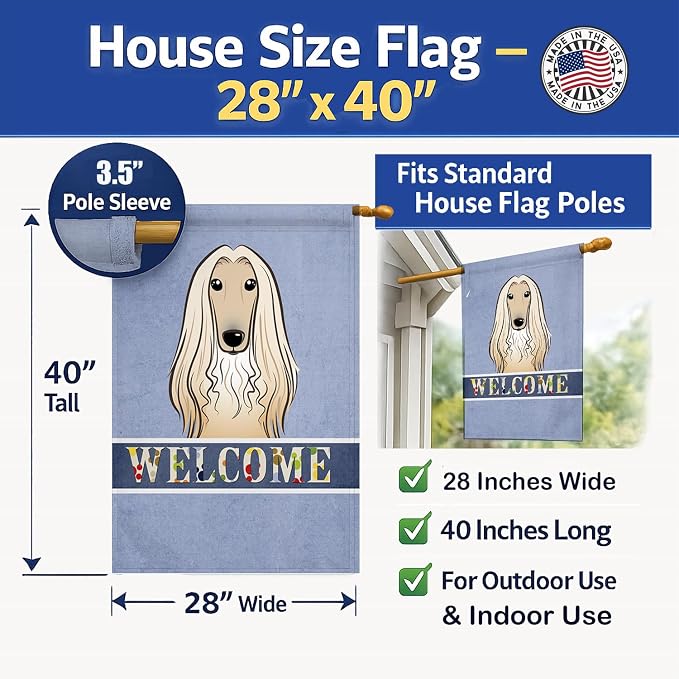 Caroline's Treasures BB1430CHF Afghan Hound Welcome House Flag, Blue Large Porch Sleeve Pole Decorative Outside Yard Banner Artwork Wall Hanging, Polyester, House Size, Multicolor