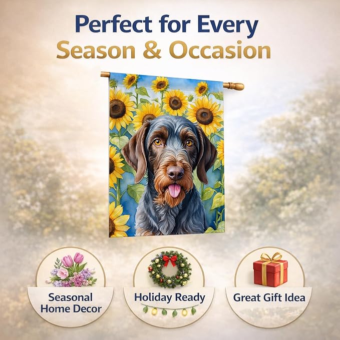 Caroline's Treasures DAC6086CHF German Wirehaired Pointer in Sunflowers House Flag Large Porch Sleeve Pole Decorative Outside Yard Banner Artwork Wall Hanging, Polyester, House Size, Multicolor