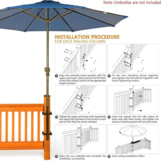 304 Stainless Steel Umbrella Holder for Deck Railing, Heavy-Duty Patio Umbrella Mount, Easy Installation Adjustable Outdoor Umbrellas Base(Post, Black)
