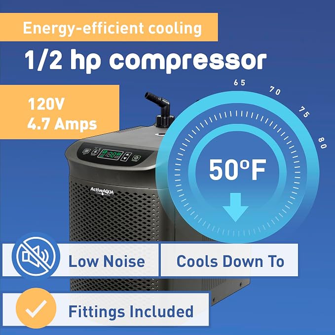 Active Aqua 0.5 HP Water Chiller with Boost | Cold Plunge & Ice Bath Cooler | Rapid Digital Temp Control | Fresh & Salt Water, Hydroponics, Aquariums | 90–172 Gal (0.5 HP) | 172 gal Capacity, 4020 BTU Per Hour, Titanium Evaporator, 120 V 510 W, Digital...