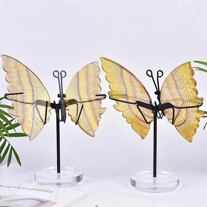 JIC Gem Large Yellow Fluorite Crystal Butterfly Art Cute Gemstone Butterfly Decorative Yellow Crystal Butterfly Wings with Stand Reiki Healing and Crystal Grid Meditation Decor Gifts (1pair, 17-18cm)