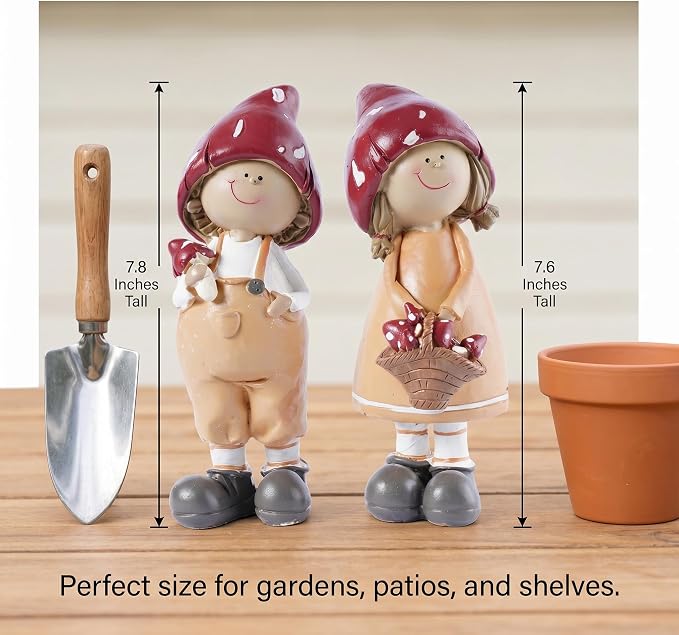 2-Piece Mushroom Decor Fairy Garden Accessories Outdoor Resin Cute Boy and Girl Figurines Whimsical Garden Statues Miniature Fairy Garden Supplies for Patio Yard Lawn Home