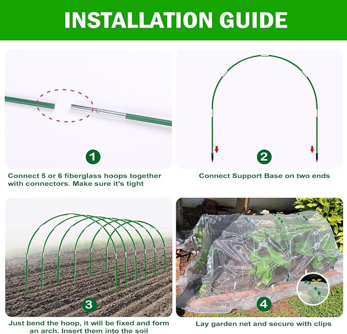 Garden Mesh Netting Kit, 10x30FT White Ultra Fine Netting & 8FT Fiberglass Garden Hoops with Support Bases, Garden Netting with Frame for Raised Beds, Garden Hoops & Netting, Row Cover, Plant Barrier