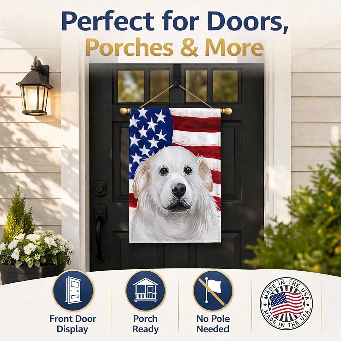 Caroline's Treasures CK6599CHF Kuvasz American Flag House Flag Large Porch Sleeve Pole Decorative Outside Yard Banner Artwork Wall Hanging, Polyester, House Size, Multicolor