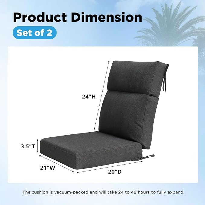 Sunbrella Outdoor Patio Chair Cushions 44x21x3.5 inch, Set of 2 Thicken Comfy Cushions for Rocker Non Slip Fade Shield Water Repellent High Back with Ties, Canvas Soot