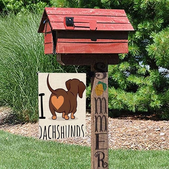 EMMTEEY Dachshund Art Garden Flag Double Sided Burlap Decoration 12.5x18 for Yard Outdoor Decor Garden Flag cute Dachshund Dog Cartoon Isolated on White Love Chocolate and Tan Wiener Sausage Rear