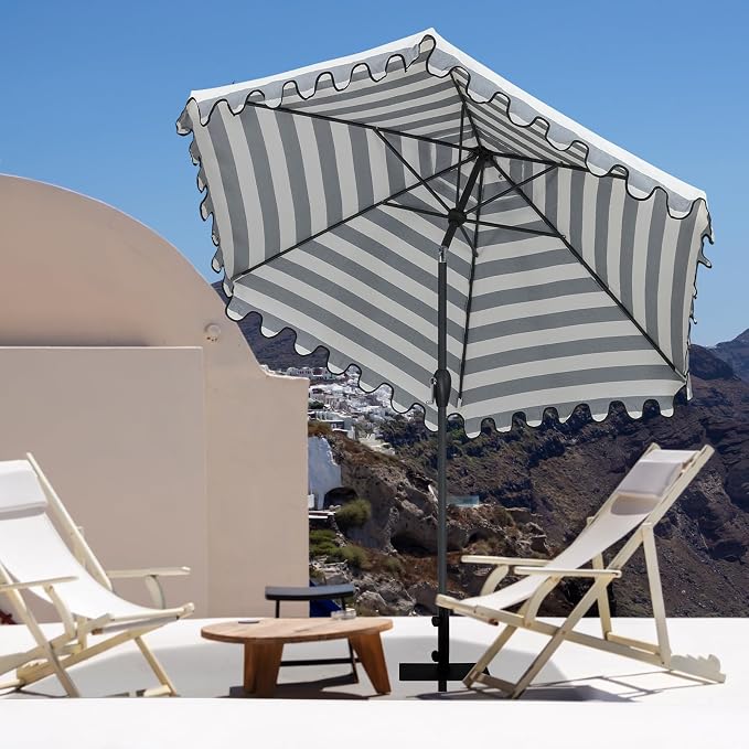 Tempera Striped Patio Umbrellas Outdoor Table Market Umbrellas with Crank & Pust Button Tilt|Auto-Tilt, 8 Steel Ribs, High Color-Fastness Canopy