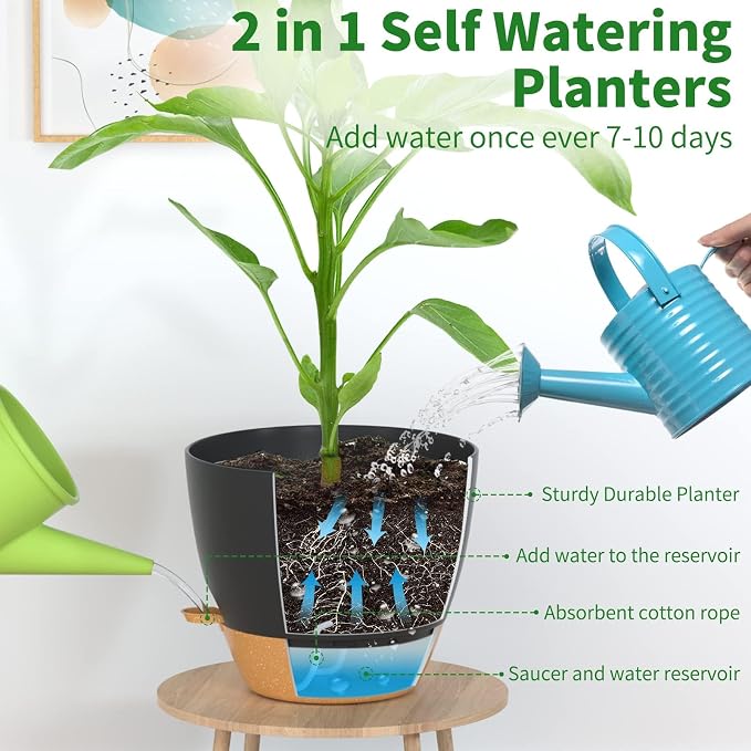 12/10/9/8/6 Inch Self Watering Pots for Indoor Outdoor Plants, Set of 5 Large Plastic Planters with Visual Water Window, Drainage Holes & Watering Lip, Modern Decorative Flower Pots (Black)