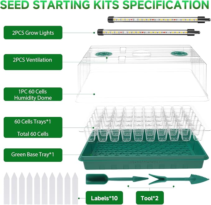 Seed Starter Trays with Grow Lights, Grow Lights for Seed Starting Kit, Timming Set, Indoor Plant Growing Kit for Gardeners, Germination Trays Kits, Gardening Gifts for Women, Mom Gifts (60 Cells)
