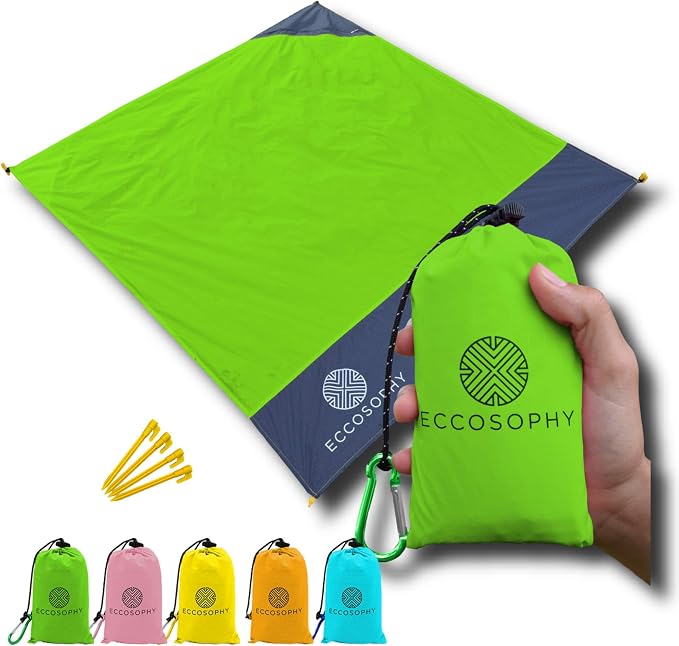 ECCOSOPHY Sand Proof Beach Blanket - Waterproof Picnic Blanket 60x55 Outdoor Compact Pocket Blanket Lightweight Ground Cover for Hiking Camping Festivals Sports Travel with Bag & Stakes (Green)