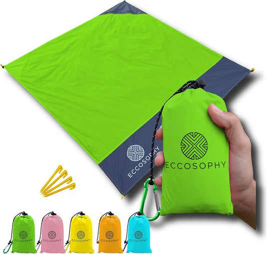 ECCOSOPHY Sand Proof Beach Blanket - Waterproof Picnic Blanket 60x55 Outdoor Compact Pocket Blanket Lightweight Ground Cover for Hiking Camping Festivals Sports Travel with Bag & Stakes (Green)