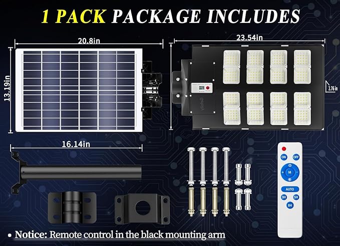 Gefolly SL-2800W Solar Street Lights Outdoor, 280000LM Commercial Parking Lot Light, 6500K Dusk to Dawn IP67 Security Flood Lights Motion Sensor Led Lamp for Basketball Court, Road, Yard