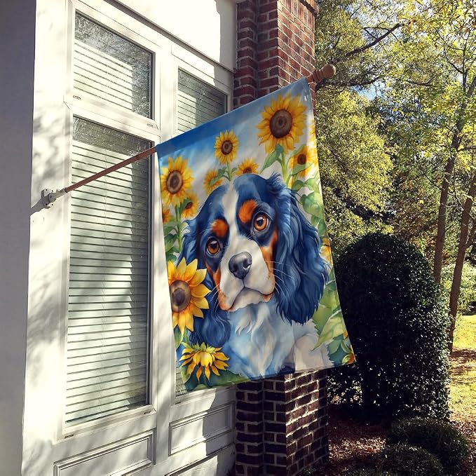 Caroline's Treasures DAC6049CHF Cavalier Spaniel in Sunflowers House Flag Large Porch Sleeve Pole Decorative Outside Yard Banner Artwork Wall Hanging, Polyester, House Size, Multicolor