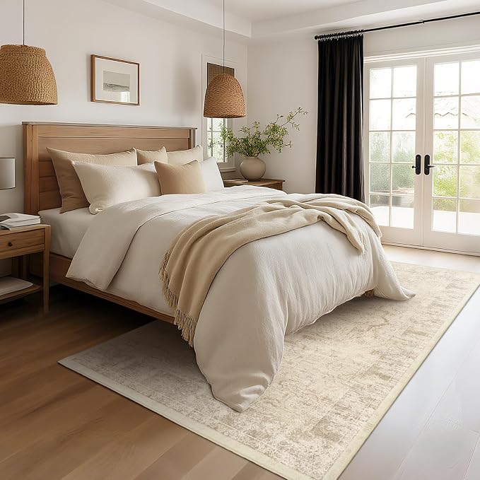 Farmhouse Beige Washable Area Rugs 5x7 for Living Room, Distressed Medallion Printed Rugs for Bedroom, Non Slip Washable Low Pile Thin Carpet Rugs for Dining Room/Kitchen/Foyer/Home Office