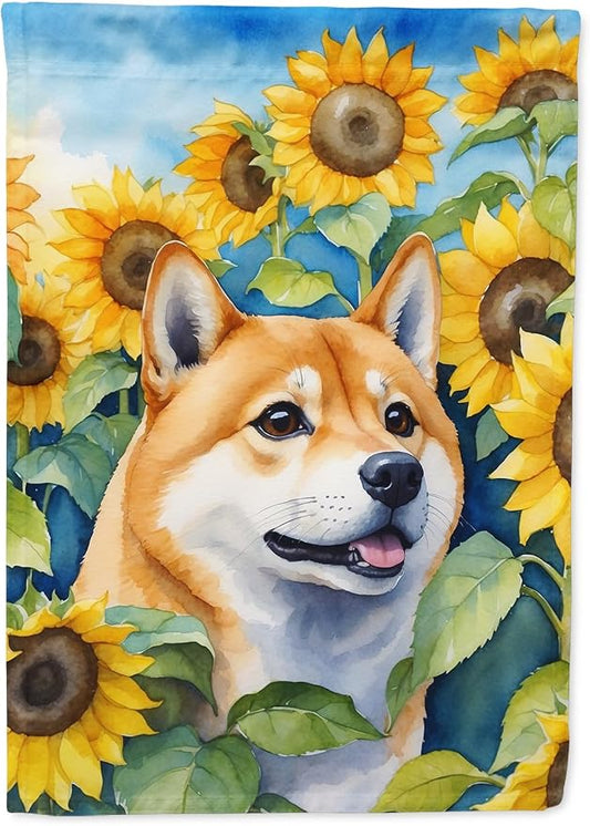 Caroline's Treasures DAC6161CHF Shiba Inu in Sunflowers House Flag Large Porch Sleeve Pole Decorative Outside Yard Banner Artwork Wall Hanging, Polyester, House Size, Multicolor