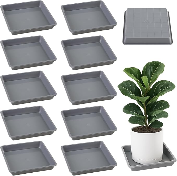 10 Pack Square Plant Saucer 6 Inches Plant Trays for Pots Plastic Square Drip Trays Flower Pot Saucers Black Planter Water Tray Plant Drainage Tray, Gray