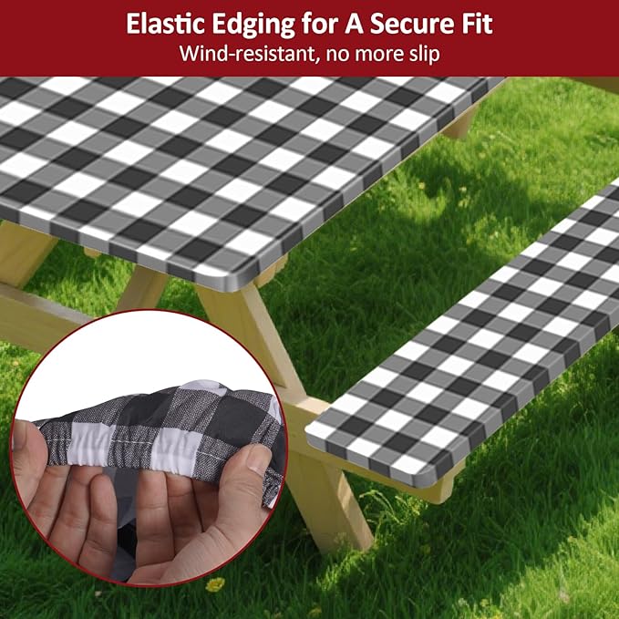 8ft Picnic Table and Bench Cover, Camping Essentials RV Gear, 96 in Waterproof Windproof Outdoor Elastic All Around Tablecloth, Fitted Rectangle Tables and Seats, Black-White Checkered