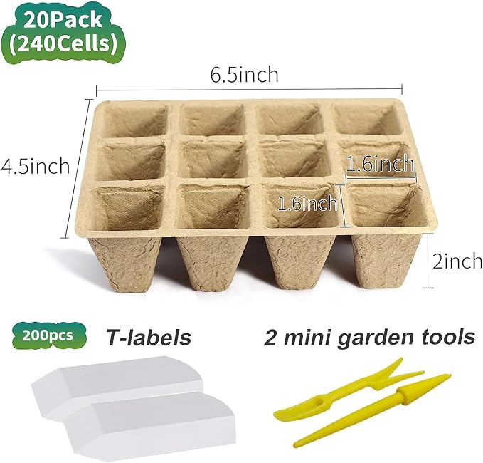 240 Cells Seed Starter Tray, 20 Pack Plant Starter Kit | Biodegradable Germination Seed Starter Kit with 200 Labels for Seedlings, Indoor and Outdoor Gardening and Seed Starting