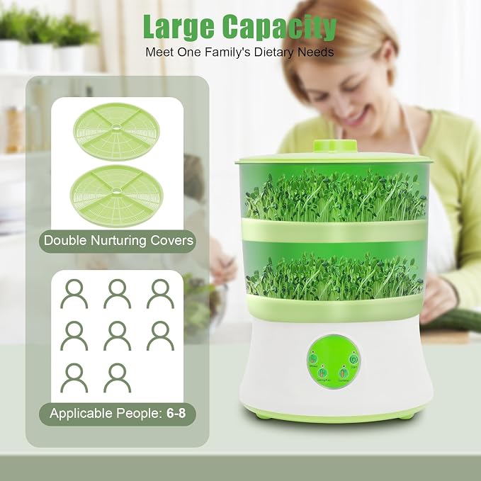 Bean Sprouts Grow Kit Sprouts Growing Kit 2-Layer 110V Smart Sprouter with 360°Sprinkler and 3 Seasonal Modes, Indoor Bean Sprout Maker for Soybean, Mung Bean, Radish, and Wheatgrass