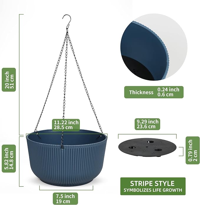 Dexceder 11.2 Inch Self Watering Hanging Planter (2 Pack, Deep Blue) | Thickened Hanging Basket Flower Plant Pot Indoor Outdoor