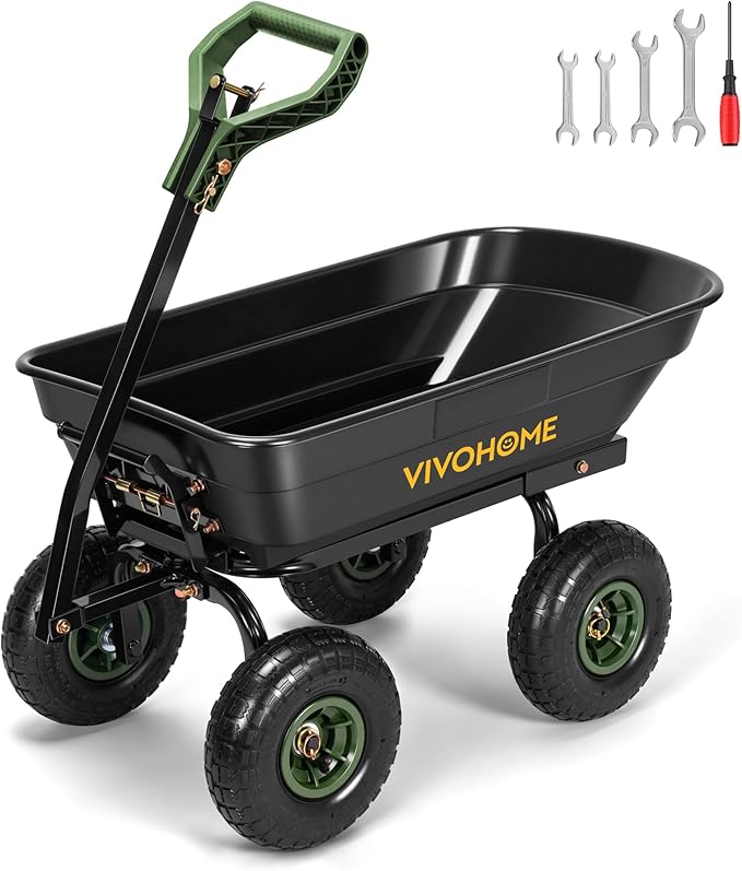 VIVOHOME 660lbs Wheelbarrow Dump Garden Cart with 2-in-1 Convertible Handle | Attach to ATV or Tractor, 10" All Terrain Wheels, Heavy Duty Utility Trailer for Yard