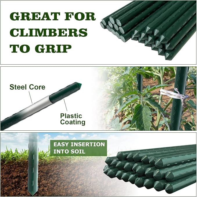 Jollybower 30pcs Steel Plant Stakes 2 Feet,Sturdy Plant Sticks, Plastic Coated Metal Garden Stakes Supports Climbing for Tomato, Bean, Flowers, Tree Potted