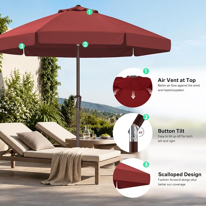 ABCCANOPY 7.5ft Scalloped Patio Umbrella, Outdoor Table Umbrella with Tilt and Crank, Fiberglass Ribs Deck Umbrella for Patio, Pool, Garden, Picnic (Burgundy)
