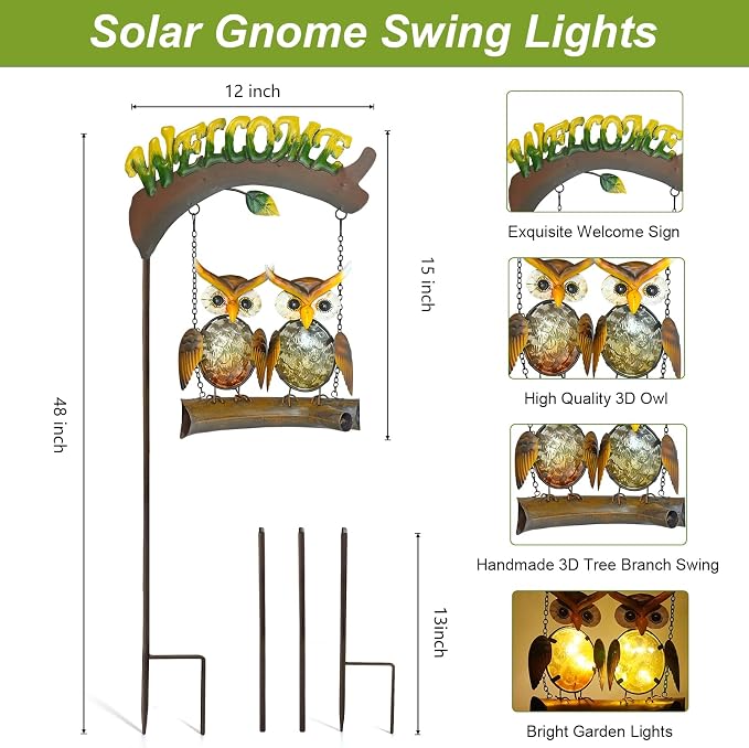 Solar Lights Outdoor Decor, Owl Swing Garden Decor, Owl Gifts for Women Mom, Whimsical Garden Lights Outdoor Decorations with Welcome Sign for Outside Patio Yard Lawn Decor-48inch
