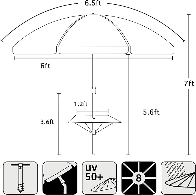 AMMSUN Beach Umbrella with Sand Anchor & Table Tray, Portable Heavy Duty Beach Umbrellas, 6.5ft Sun Outdoor Umbrella, UV 50+ Protection, Carry Bag for Beach, Patio, Pool and Garden, Stripes