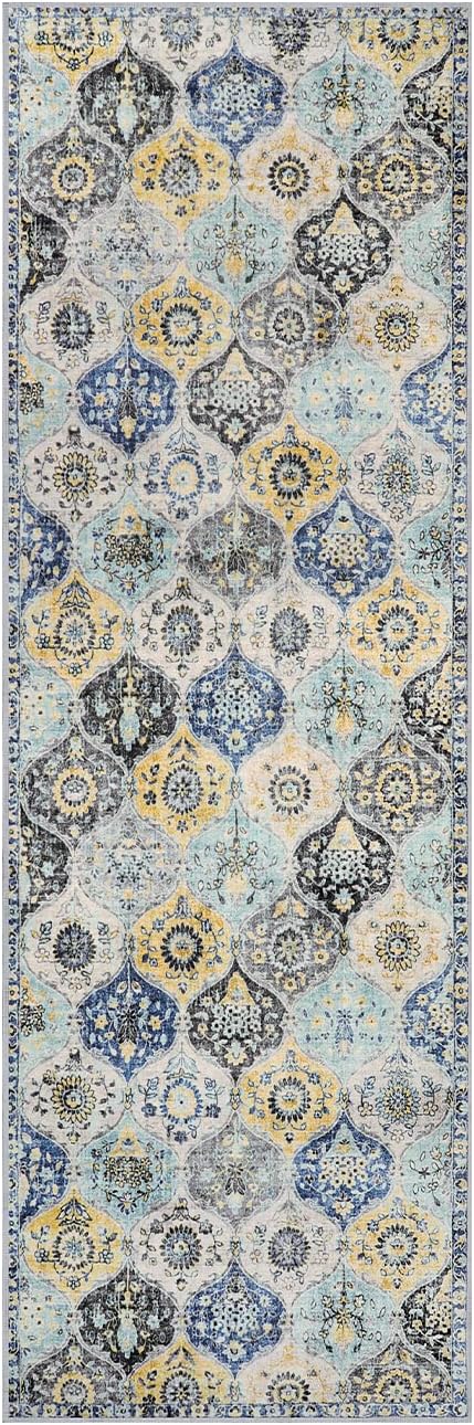 Lahome Moroccan Washable Hallway Runner, 2'5''x8' Kitchen Runner Non Slip | Ultra-Thin Oriental Laundry Room Rug Carpet for Entryway Bedroom Bathroom Elise, Yellow/Aqua