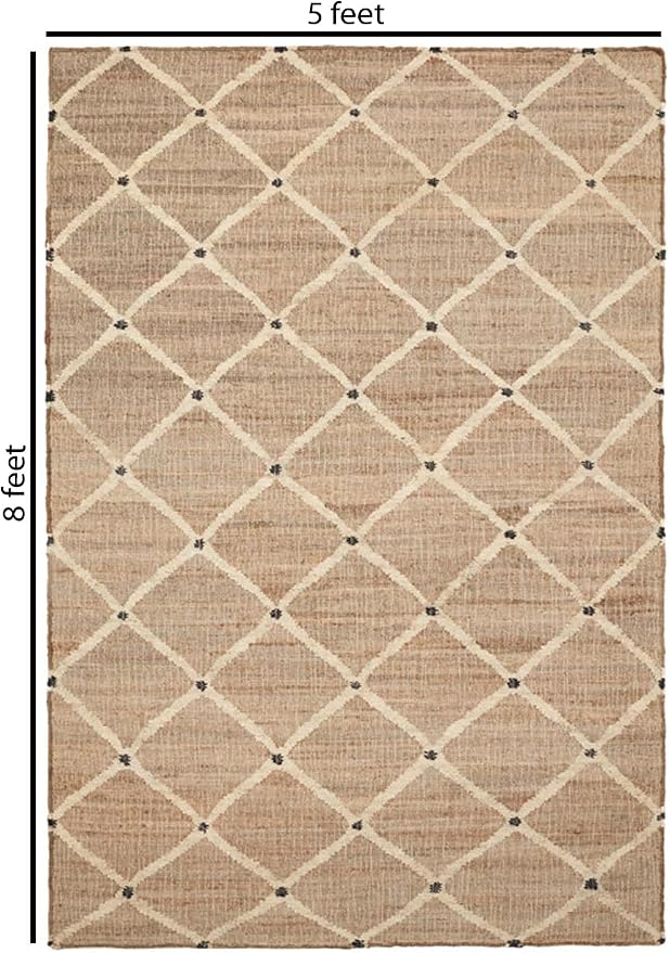 FRELISH DECOR Hand Woven Jute Area Rug 5'x8' - Geometric Design (Natural) | Indoor Natural Fiber Hallway Jute Rug - Rustic Farmhouse Carpet for Kitchen, Entryway, Hallway, Bedroom