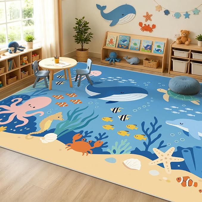 8x10 Ocean Area Rug for Kids Play Room Bedroom Beach Whale Fish Large Rug Machine Washable Non-Slip Carpet for Nursery Living Room Bedroom