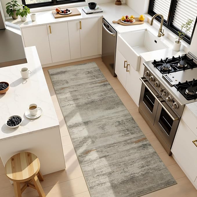 Joydeco 2x6 Modern Abstract Washable Runner Rug – Low Pile Faux Wool with Non-Slip Backing, Neutral Print Carpet Runner for Hallway, Kitchen, Entryway and Bedroom, White&Grey&Brown