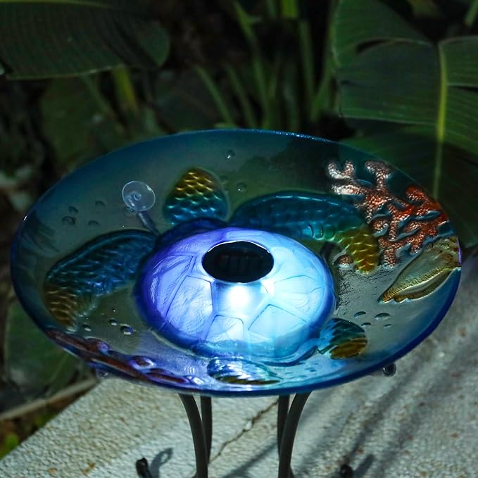 MUMTOP Outdoor Bird Bath, Large Glass Bird Baths Bowl with Metal Stand, Solar Turtle Birdbaths for Outside Garden Lawn Yard Decor, 18”Dia 21.65”Height