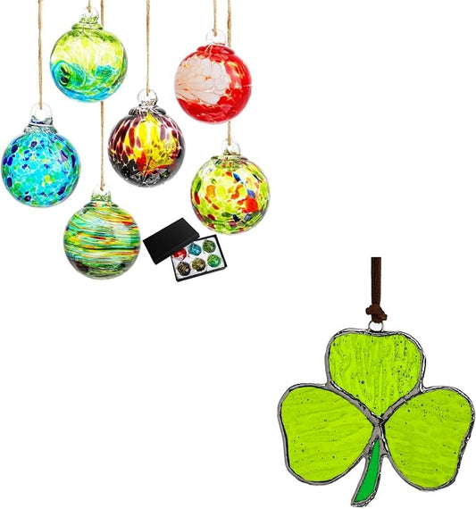 6pcs Hand-Blown Glass Ornaments Hanging Glass Gazing Balls and Handmade Stained Glass Shamrock Sun Catcher